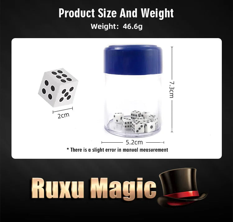 A clear jar with a blue lid contains small white dice, demonstrating a magic trick.