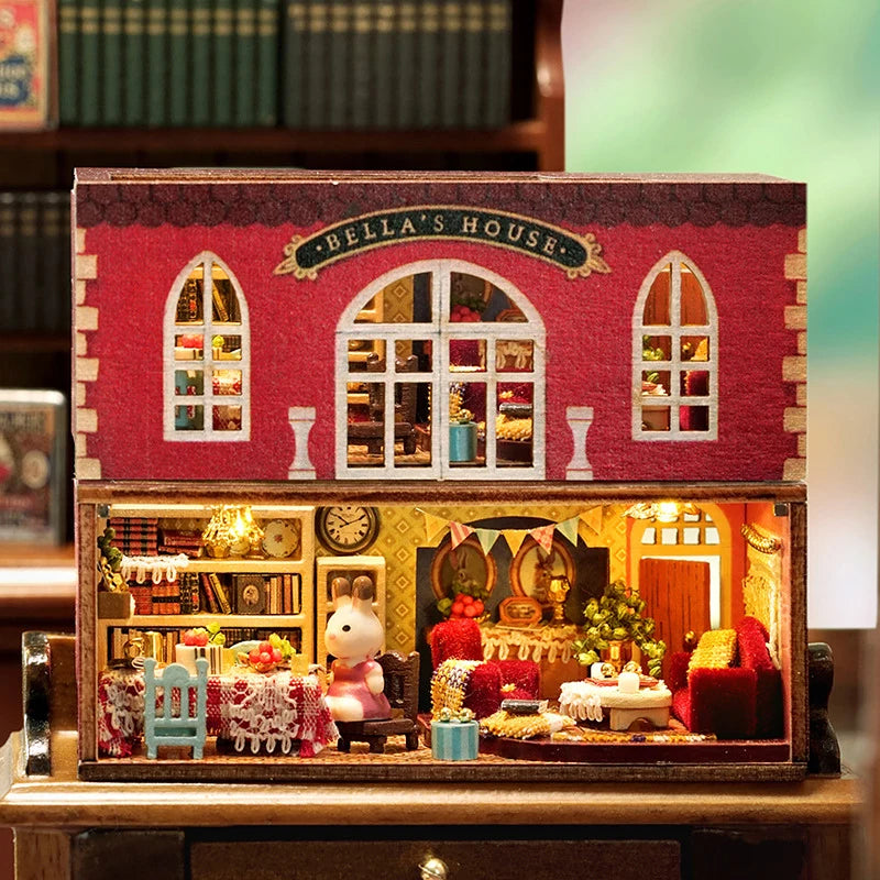 A wooden miniature dollhouse kit featuring a red facade and detailed interior display.