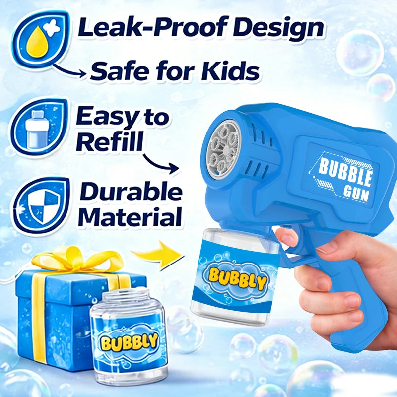 A blue bubble gun is shown with refillable bubbles and a gift box, highlighting its leak-proof design and durable material.