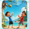 Two boys play with a blue water gun and press and spray water guns on a beach.