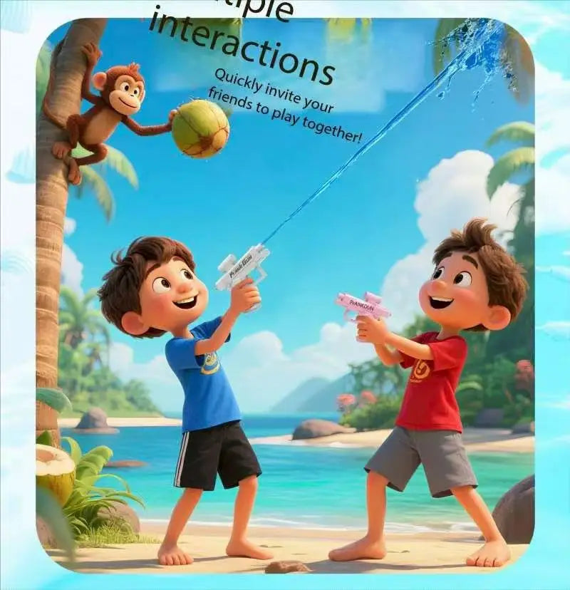 Two boys play with a blue water gun and press and spray water guns on a beach.