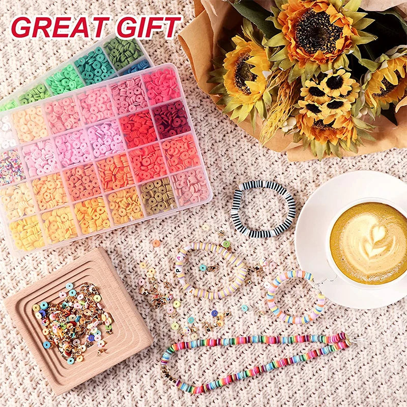 A collection of colorful polymer clay beads and jewelry components displayed alongside a cup of latte art.