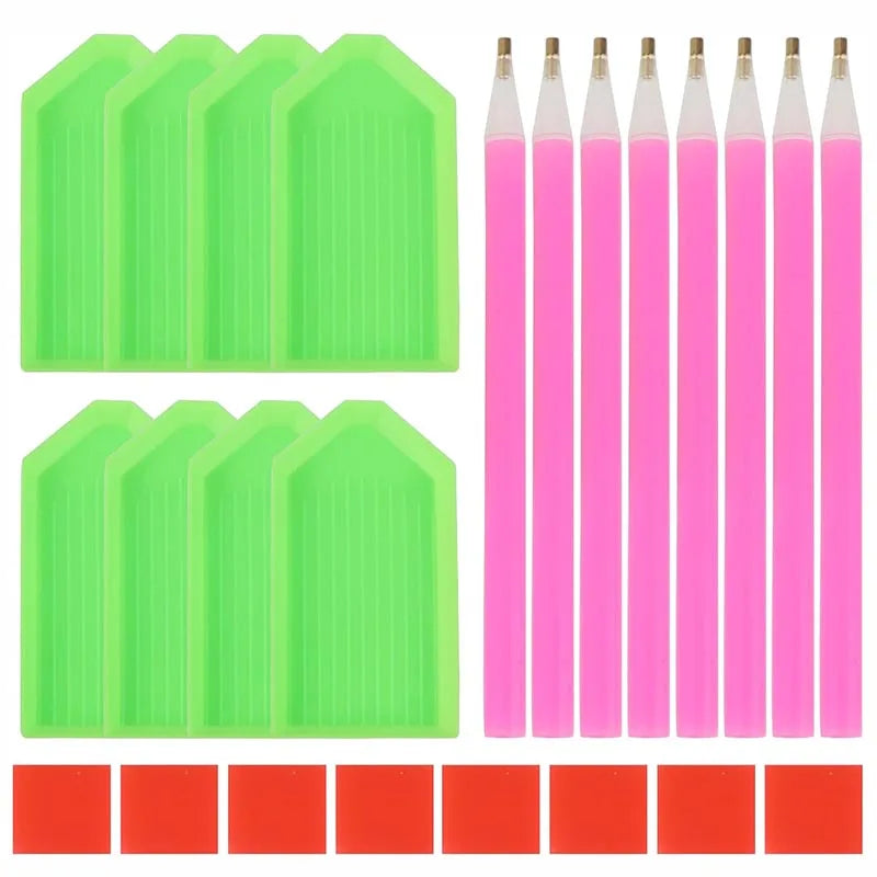 A set of pink and green diamond painting tools including drill pens and square color blocks.
