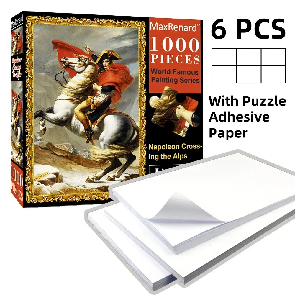 A box of a 1000-piece jigsaw puzzle featuring a painting of Napoleon crossing the Alps with included adhesive paper sheets.
