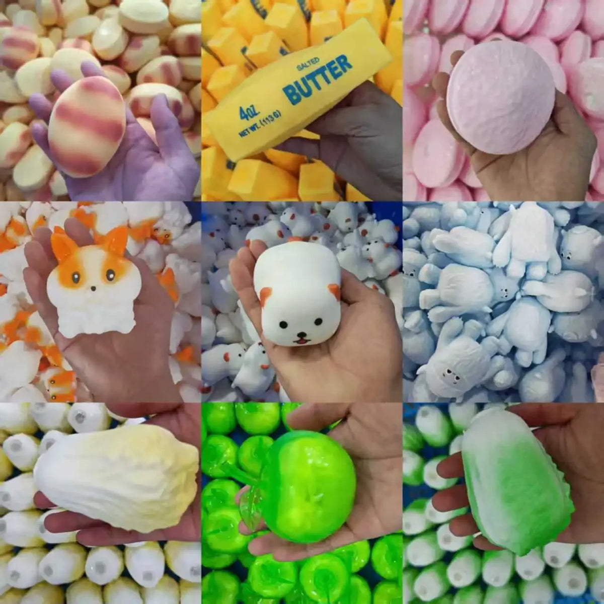 A collection of various squishy toys including a pink dog, a white bear, and green fruit shapes.