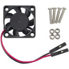 A black cooling fan with a wire harness and four screws is shown next to a pack of four screws and four small rings.