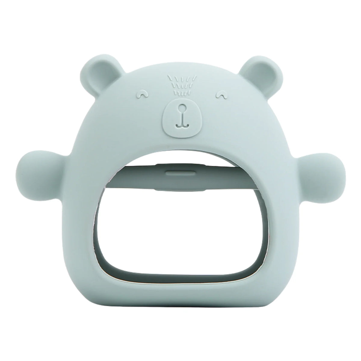 Un chupete de oso de silicona azul claro diseñado para bebés y niños pequeños.