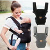 A woman is wearing an ergonomic baby carrier designed for infants, shown alongside separate components.