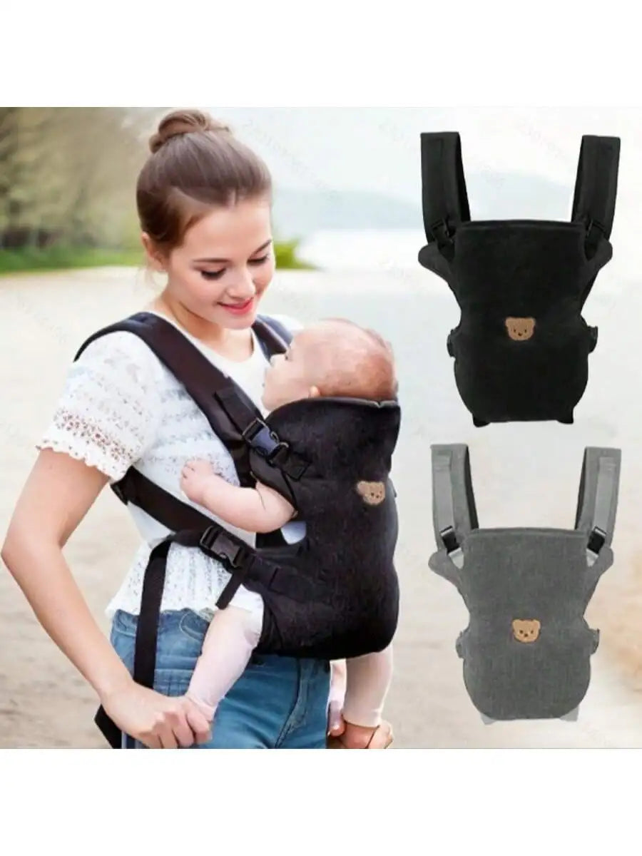 A woman is wearing an ergonomic baby carrier designed for infants, shown alongside separate components.