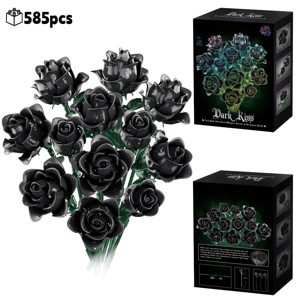 A bouquet of dark black roses made from building blocks, packaged in a box.
