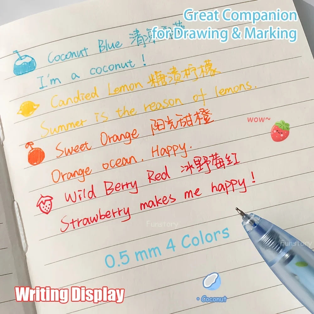 A writing display showing colorful fruit-scented gel pens with labels like Coconut Blue, Candied Lemon, Sweet Orange, and Wil