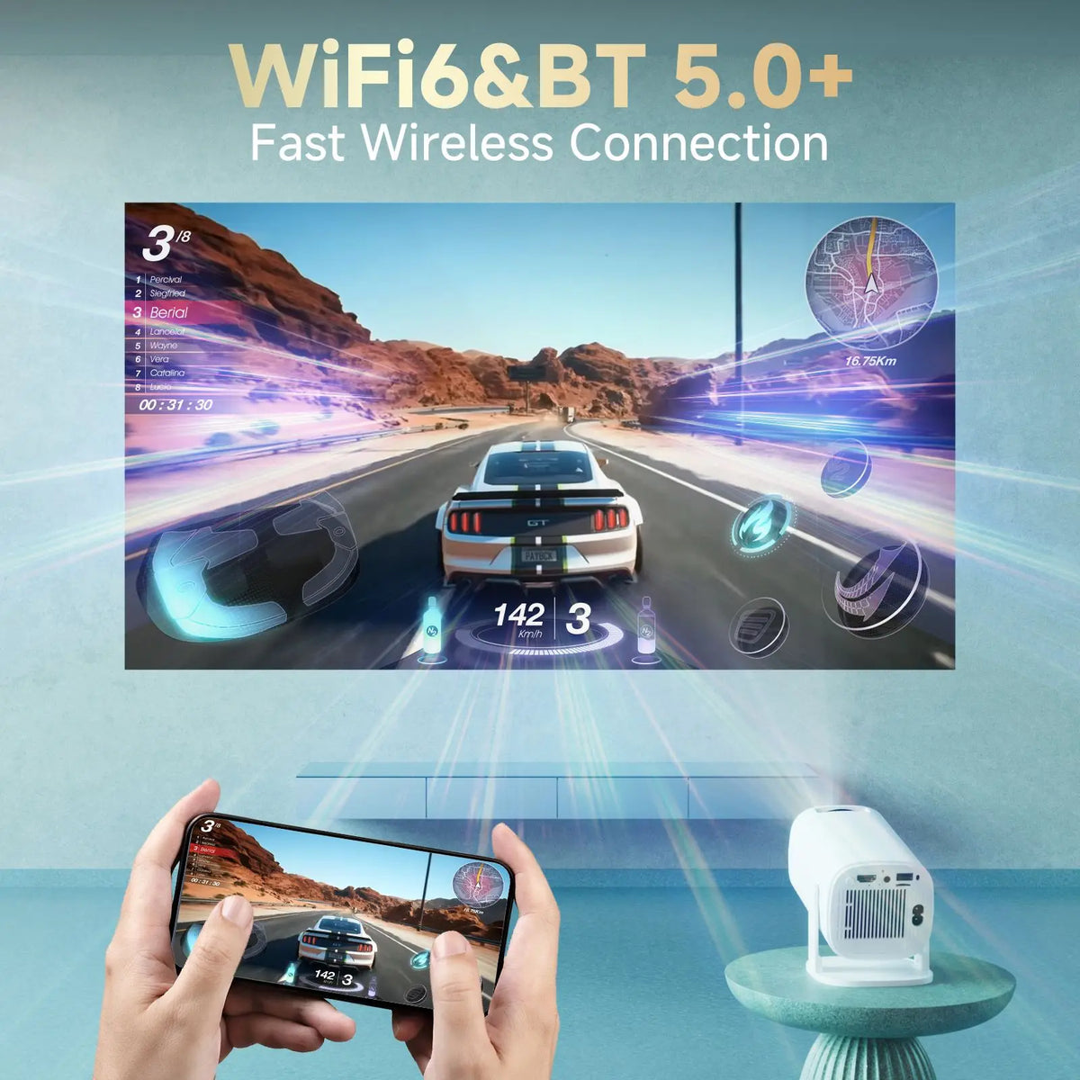 A hand holds a smartphone displaying a video of a car driving on a road, with a white projector visible in the background.