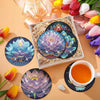 A set of colorful diamond art coasters and a wooden holder displayed on a light background.