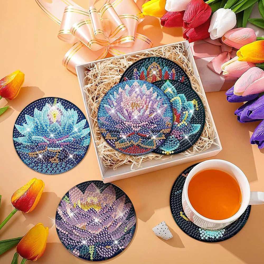 A set of colorful diamond art coasters and a wooden holder displayed on a light background.