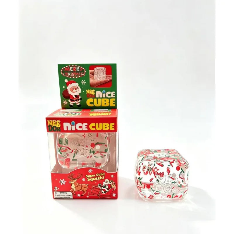 A box and a squishy fidget toy cube are shown for stress relief and sensory play.