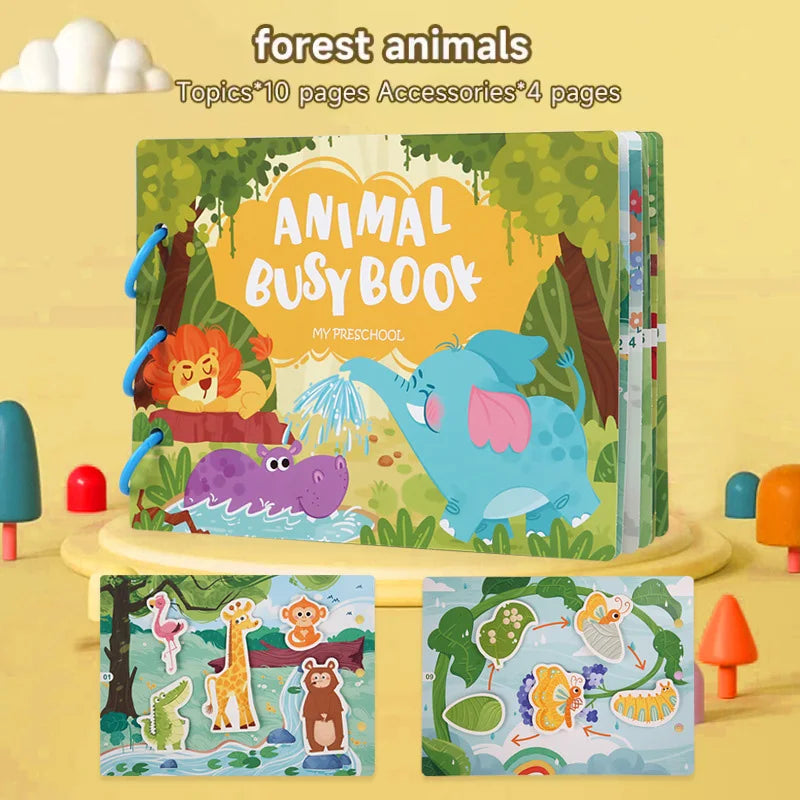 A Montessori busy book for toddlers featuring forest animals and various learning activities.