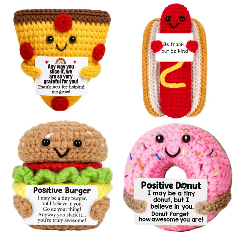 Handmade Crochet Hamburger and Donut Desk Decor with Positive Message Card