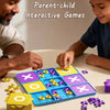 A parent and child play a magnetic Tic Tac Toe board game with colorful pieces on a table.