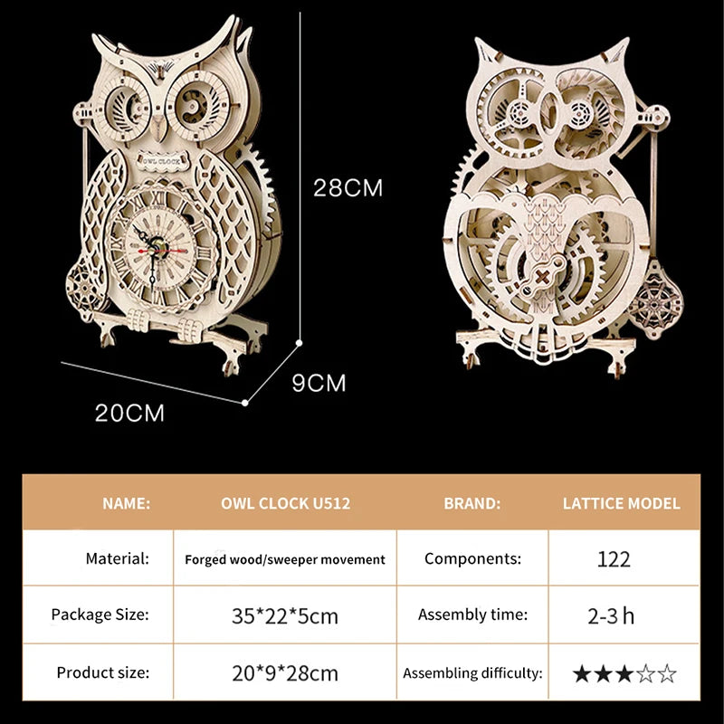 A wooden owl wall clock DIY assembly kit featuring a forged wood and sweeper movement with 122 components.