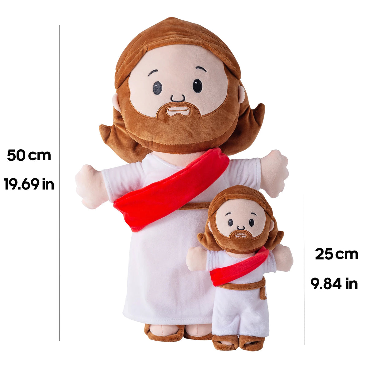A plush toy of Jesus with a beard and brown hair wearing a white robe and a red sash, accompanied by a smaller Bible companio