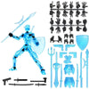 A blue magnetic multi-jointed action figure building set with various accessories and a display stand.