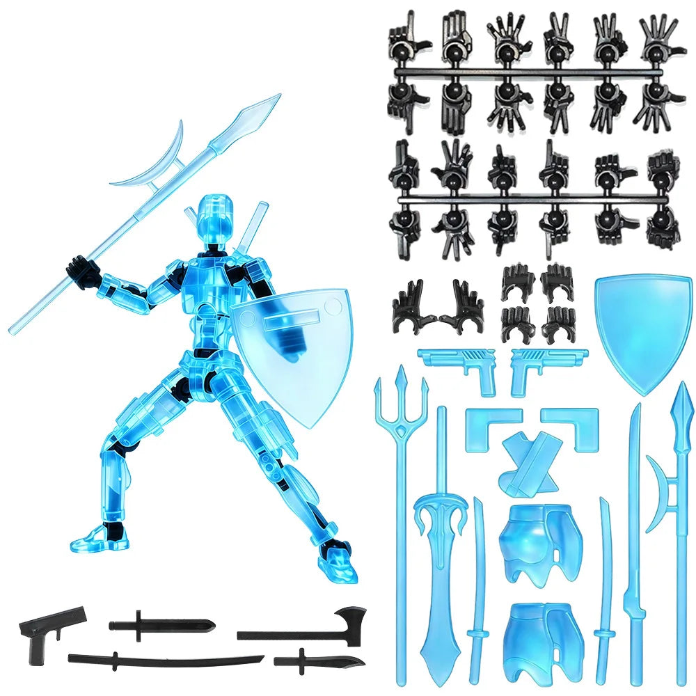 A blue magnetic multi-jointed action figure building set with various accessories and a display stand.