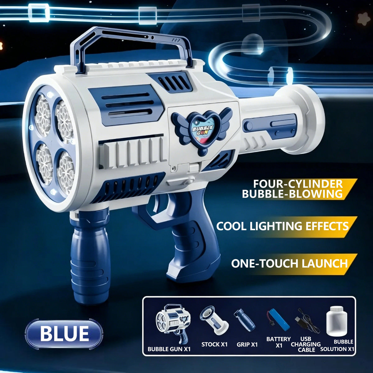A white and blue bubble gun is shown with features like four-cylinder bubble-blowing, cool lighting effects, and one-touch la