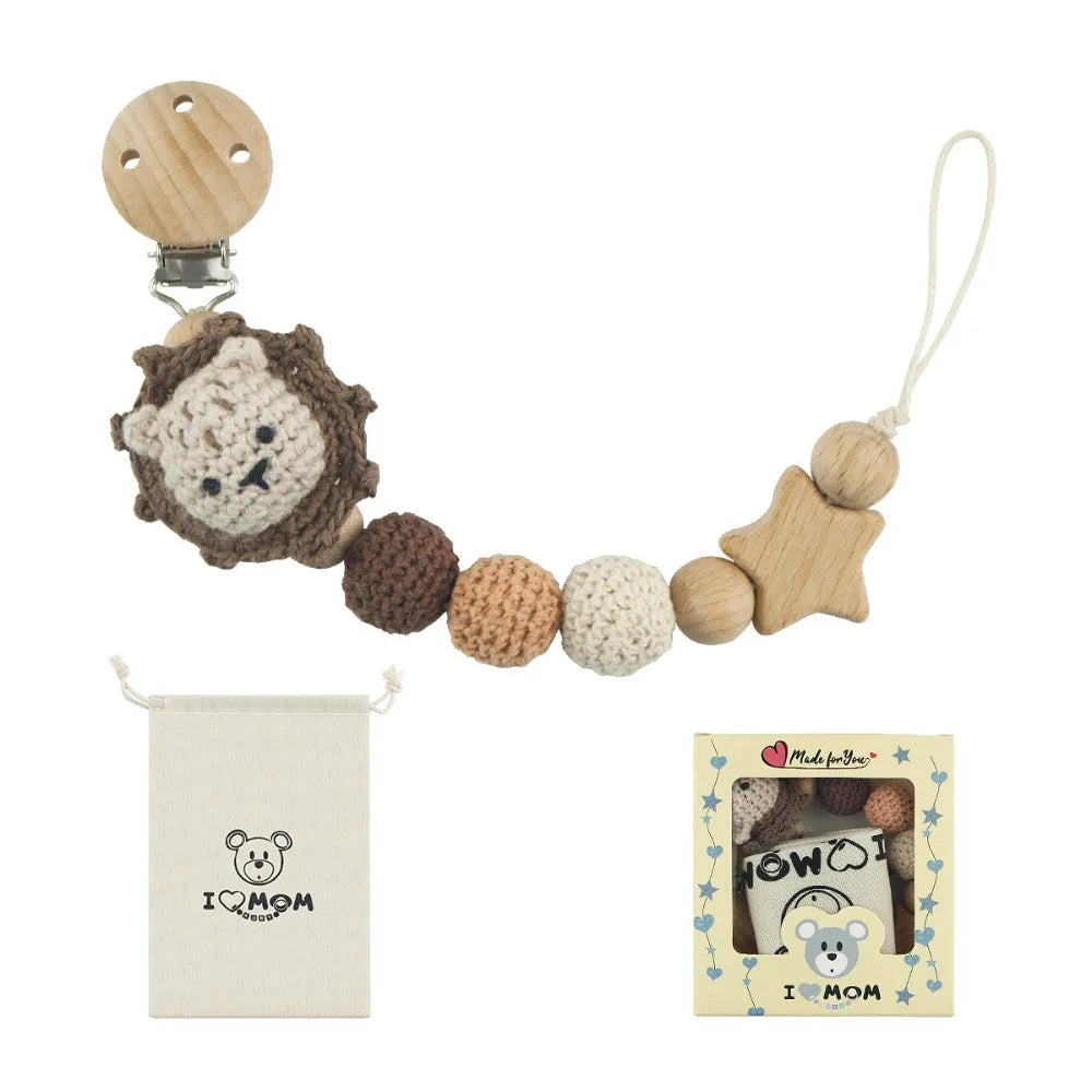 Wooden Baby Pacifier Clip with Crochet Charms