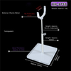 A clear plastic and metal adjustable doll display stand with a transparent base and a curved holder.