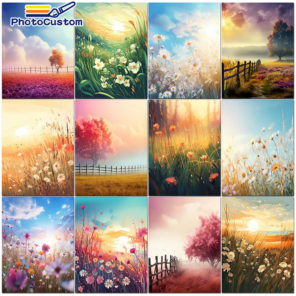 A collection of vibrant flower landscape paintings created using a paint by numbers kit.