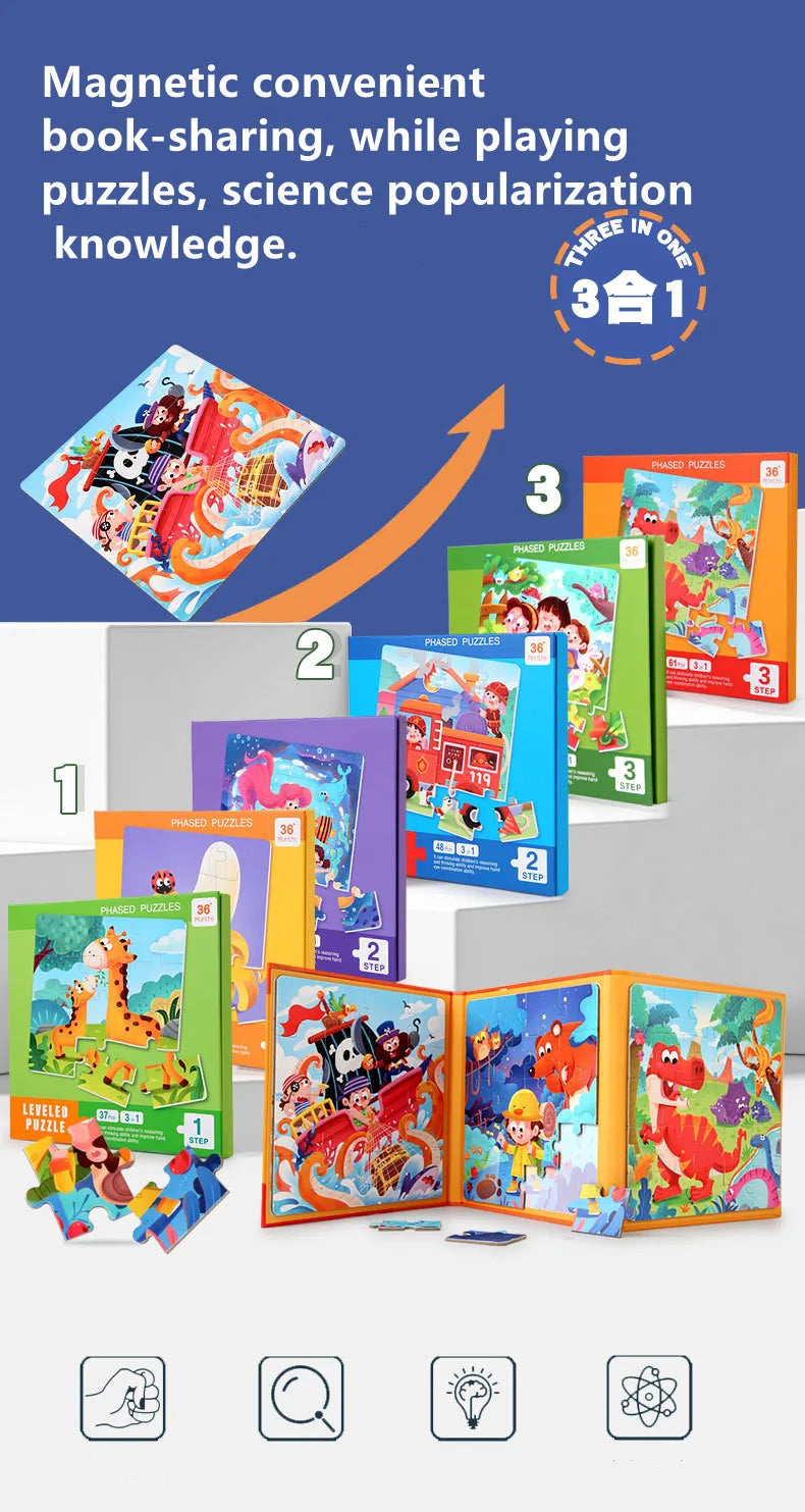 A set of magnetic puzzle books featuring vehicle, ocean, and dinosaur themes for children.