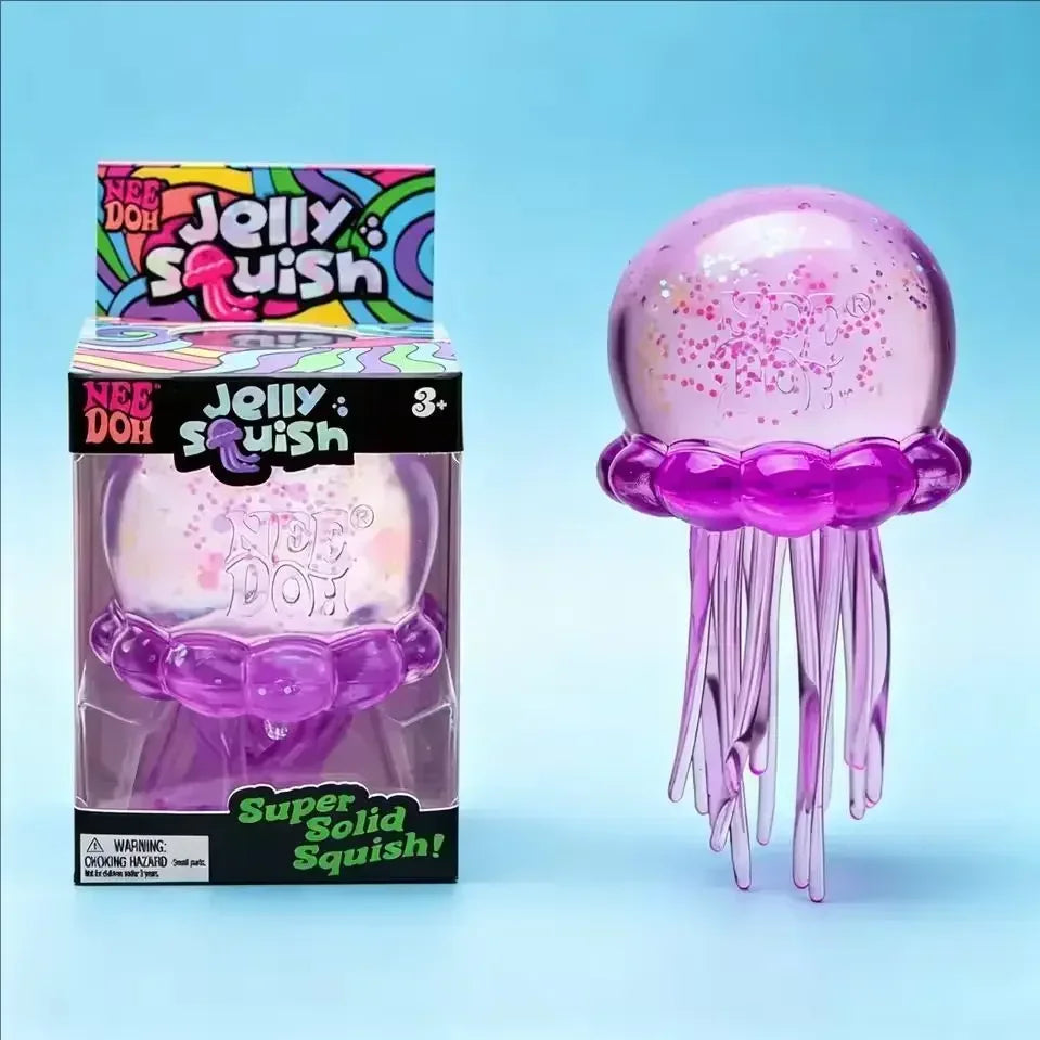 A pink Jellyfish Squish toy in its packaging and loose form, showing a soft water sensory fidget for stress relief.