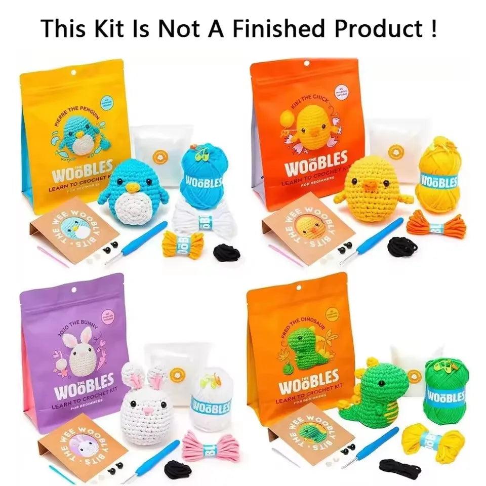 A kit for making adorable animal toys using yarn and crochet techniques, including various colored yarns and tools.