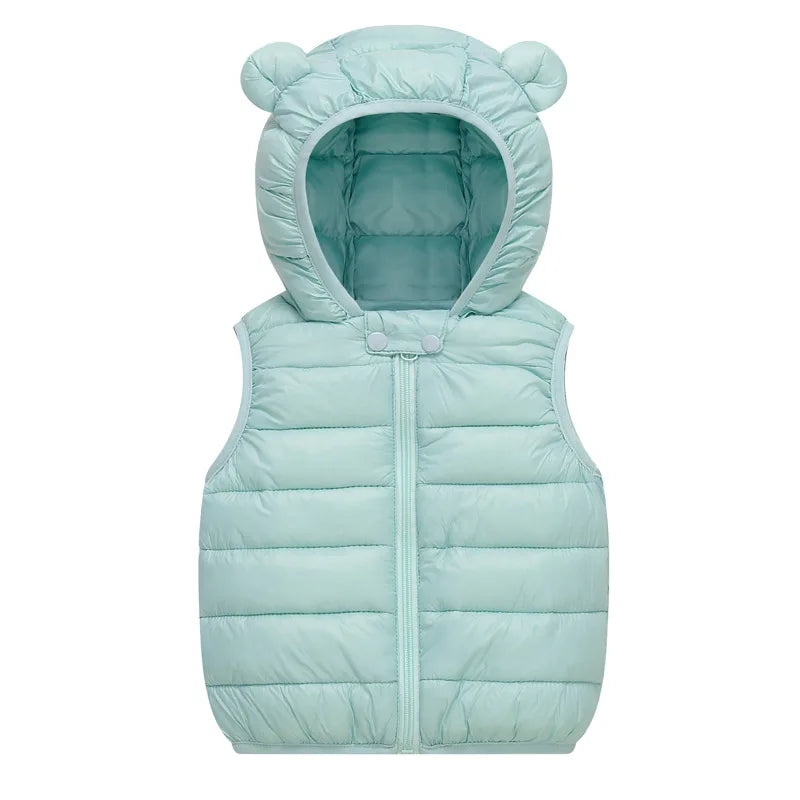 Light mint green kids' hooded cotton vest with quilted texture