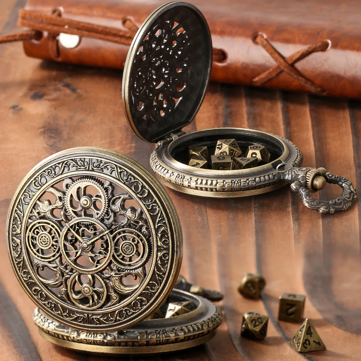Vintage Pocket Watch Style Dice Set with 7 Polyhedral Metal Dice
