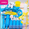 A set of kids doctor pretend play medical kit including a stethoscope, various tools like a toothbrush, and other medical ite