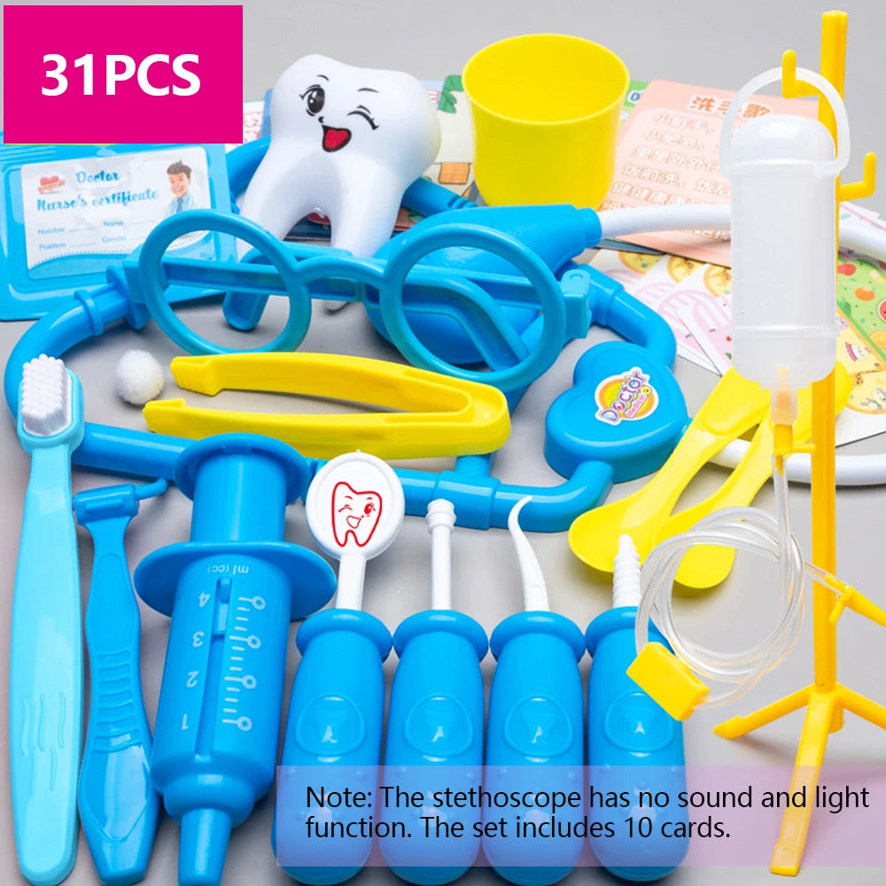 A set of kids doctor pretend play medical kit including a stethoscope, various tools like a toothbrush, and other medical ite