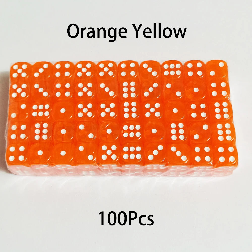 A rectangular pack of 100 orange yellow acrylic six-sided dice for tabletop games.