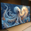 A large canvas painting depicting a white octopus with golden accents against a blue background.
