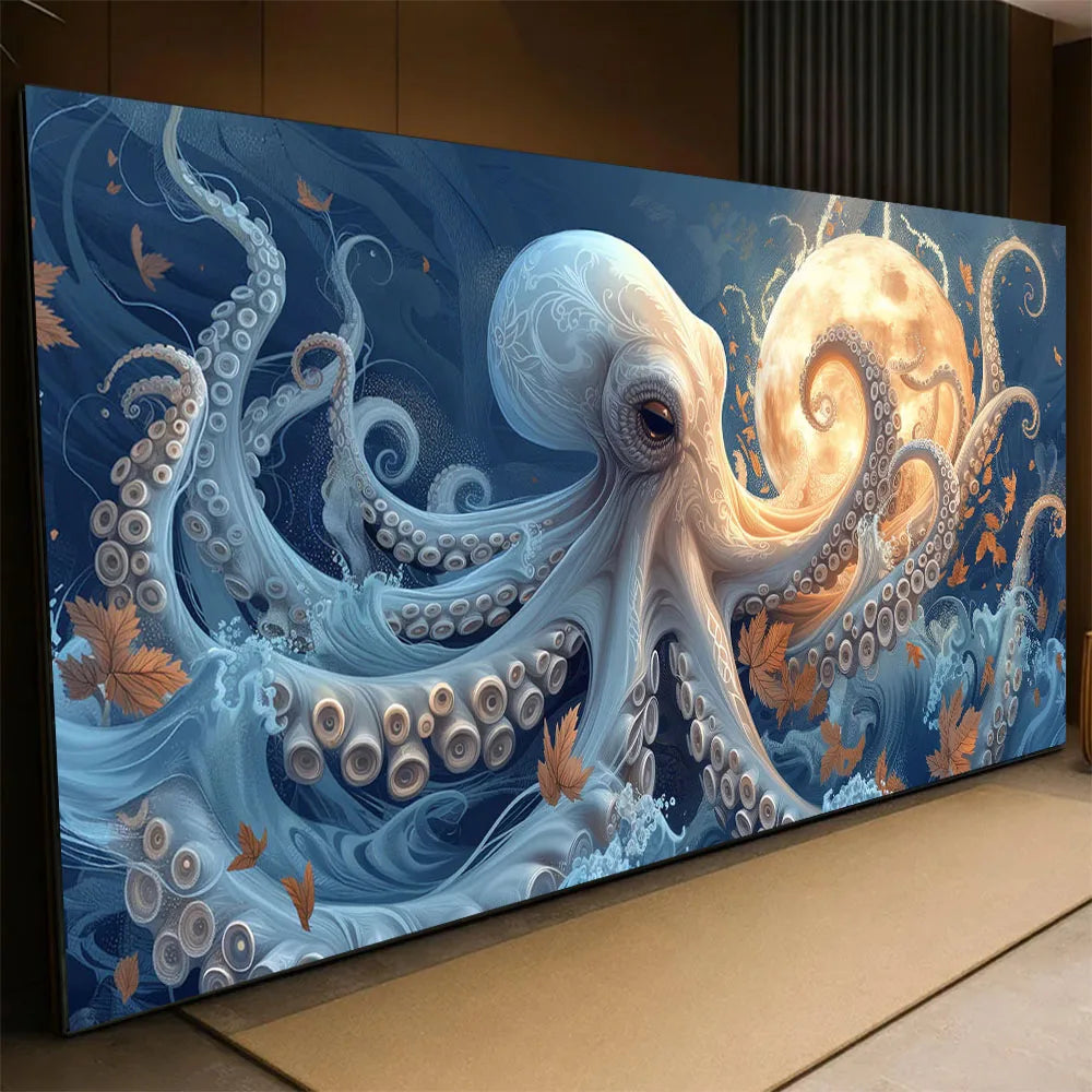 A large canvas painting depicting a white octopus with golden accents against a blue background.