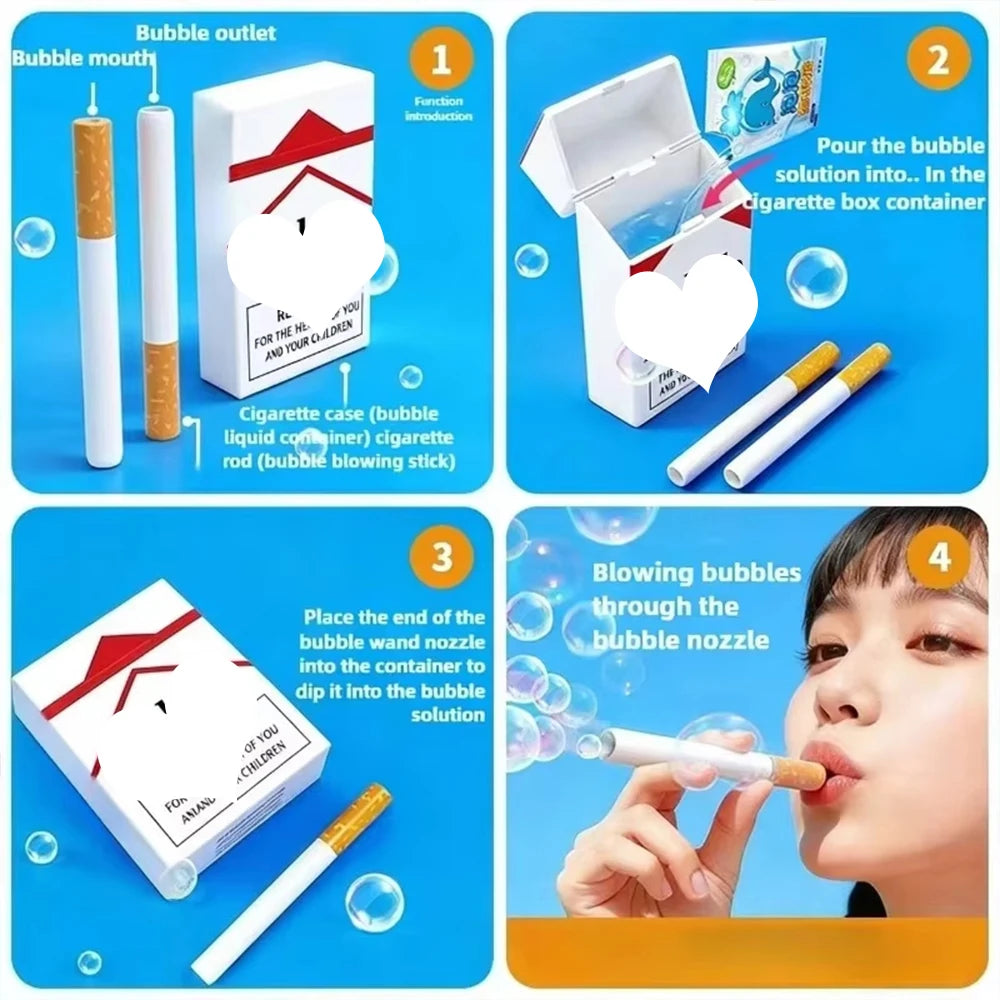 A four-step guide showing how to use a novelty bubble machine toy cigarette box with pipes to blow bubbles.