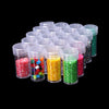 A collection of glass jars filled with various colored glitter and sequins for diamond painting storage.