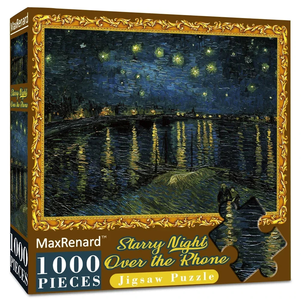 A box of a 1000-piece jigsaw puzzle depicting Van Gogh's Starry Night over the Rhône.