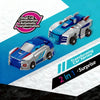 A blue and white transforming car set featuring dual car combination automatic transformation.