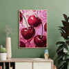 A close-up painting of glossy red cherries on a pink background, suitable for a diamond painting kit.