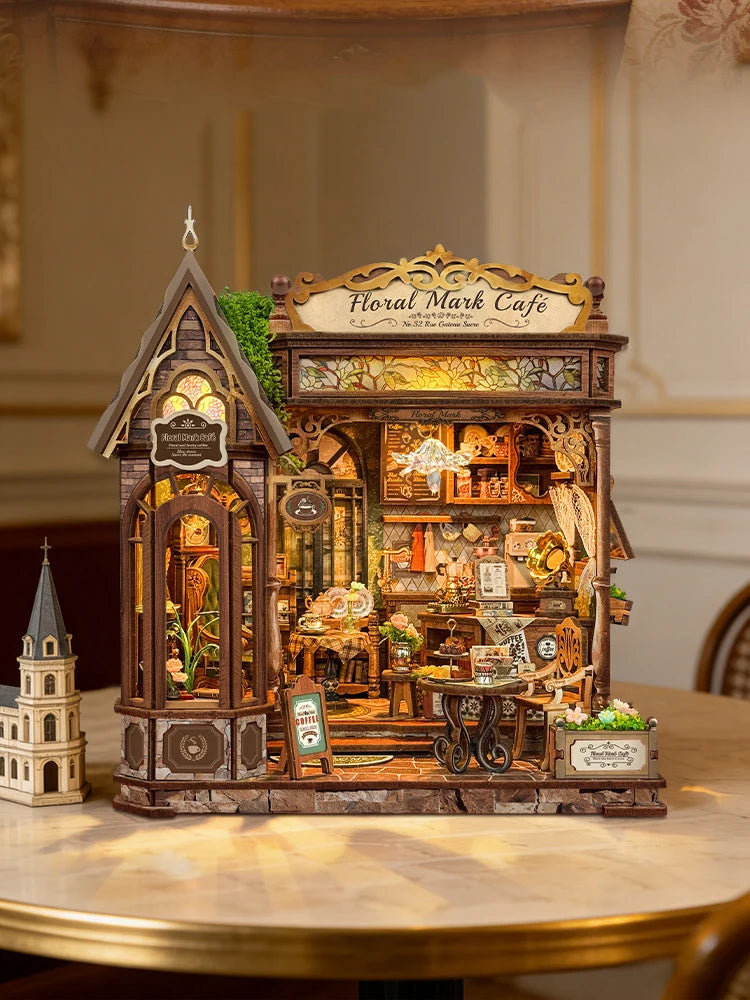 DIY Wooden Flower Shop Café Dollhouse Miniature Kit with LED Lighting