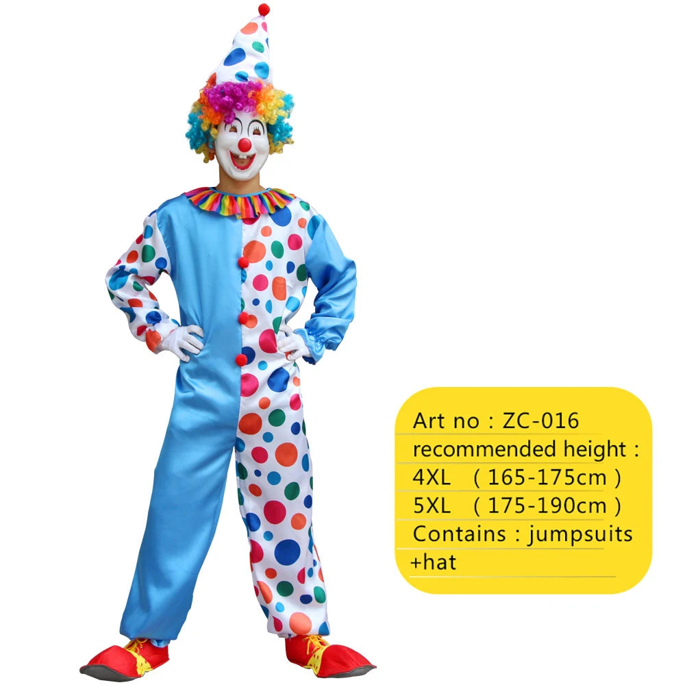 A full clown costume set for adults featuring a white face, colorful hair, and blue and white striped jumpsuit with polka dot