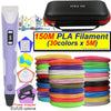 A purple 3D printing pen with an LCD display and a black carrying case, surrounded by various colored PLA filaments.