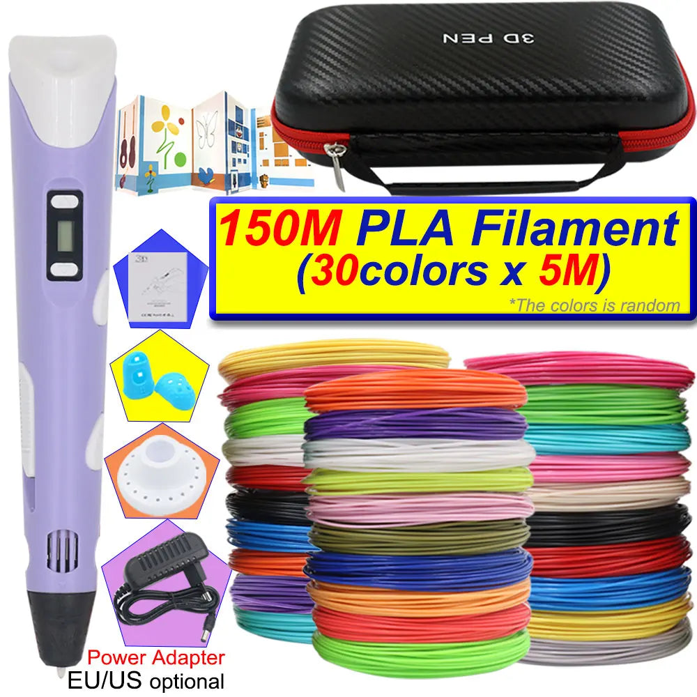 A purple 3D printing pen with an LCD display and a black carrying case, surrounded by various colored PLA filaments.