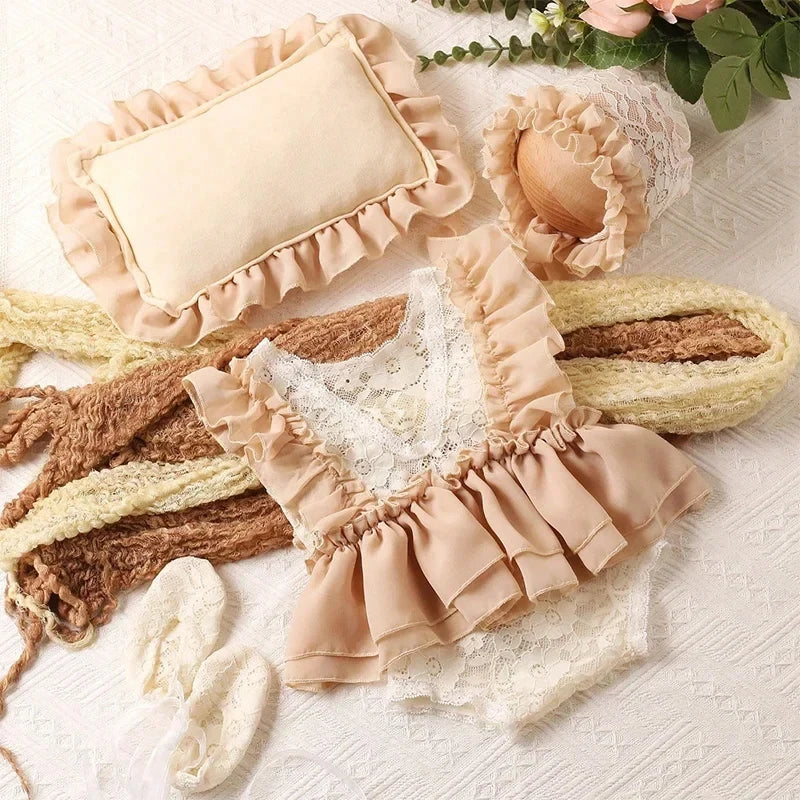 Newborn Chiffon Photography Outfit Set with Hat, Pillow & Mini Shoes